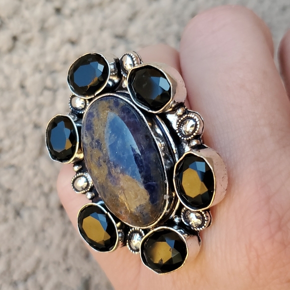 New Oversized Sodalite & Black Spinnel 925 Silver Statement Ring. - Picture 11 of 16